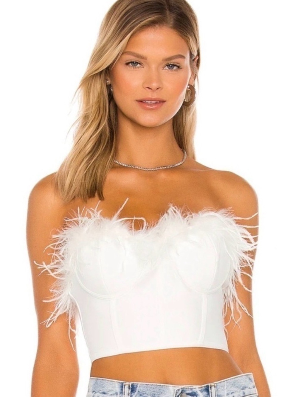 superdown White Feather Trim Strapless Bustier Top